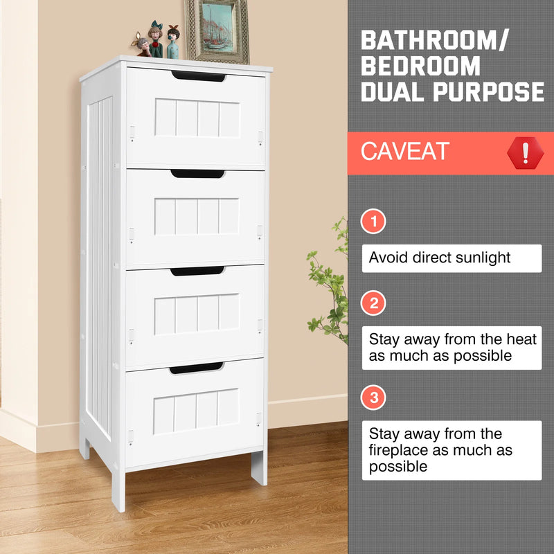 White Bathroom Cabinet Free Standing 4 Tier Floor Standing Bathroom with 4 Drawers PVC Storage Cupboard Unit Storage Waterproof